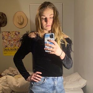 Black Off the Shoulder Feather and Velvet Top